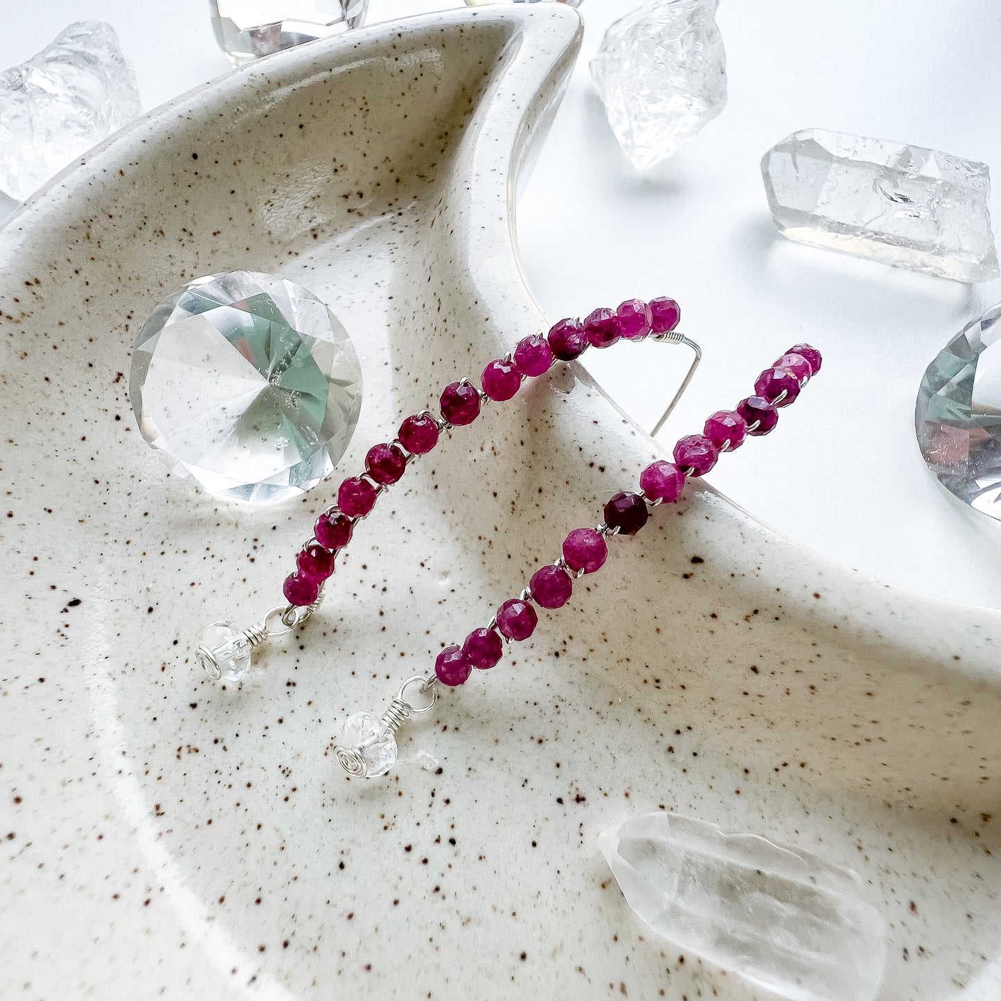 Ruby and clear quartz Goddess earrings silver