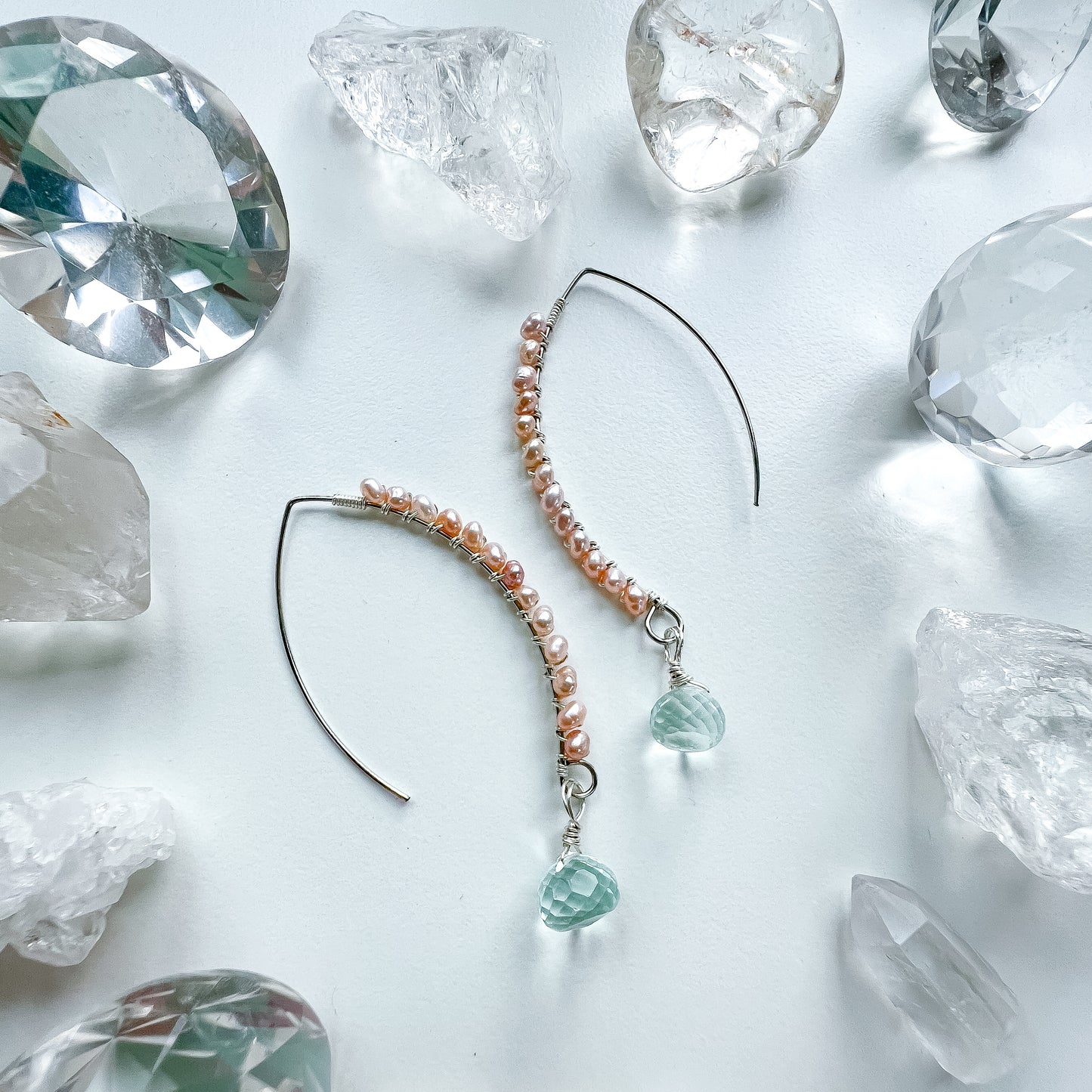Aquamarine and pink pearl Goddess earrings gold