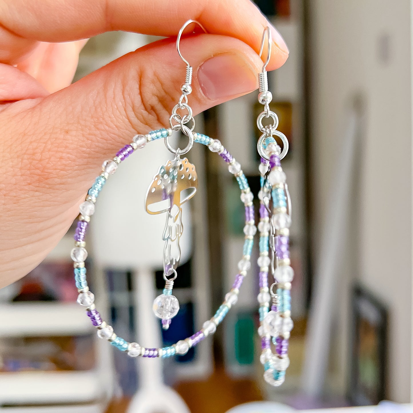 Silver mushroom, clear quartz, blue and purple statement hoop earrings