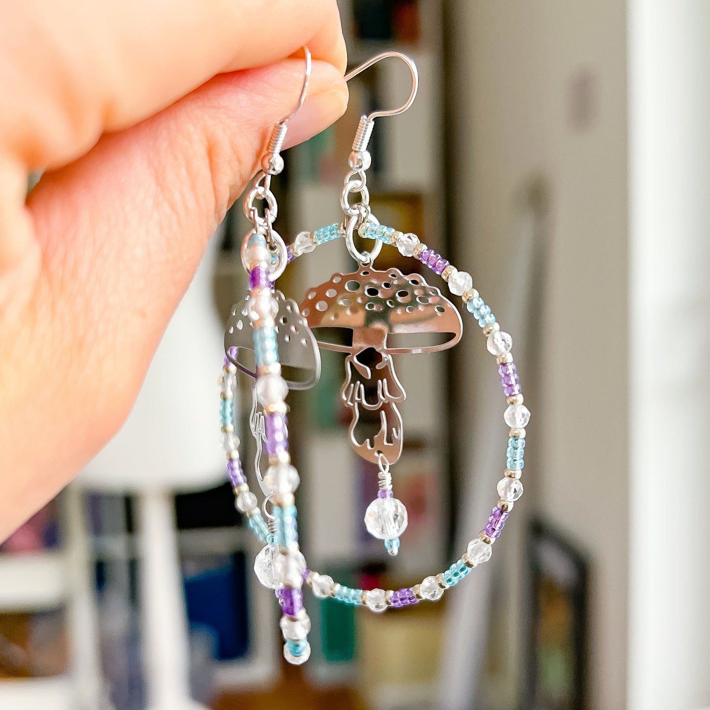 Silver mushroom, clear quartz, blue and purple statement hoop earrings