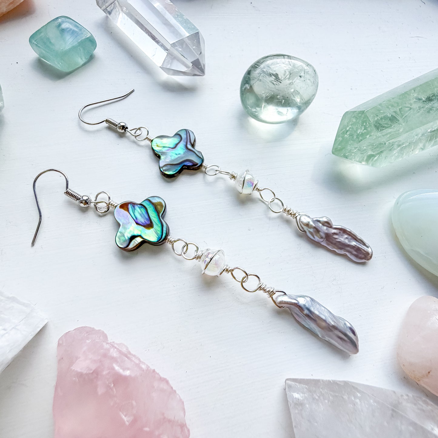 ✨💎 Atlantis Earrings 💎✨ Abalone & Silver Biwa Pearl Drop Earrings | Long Handmade Chain Earrings
