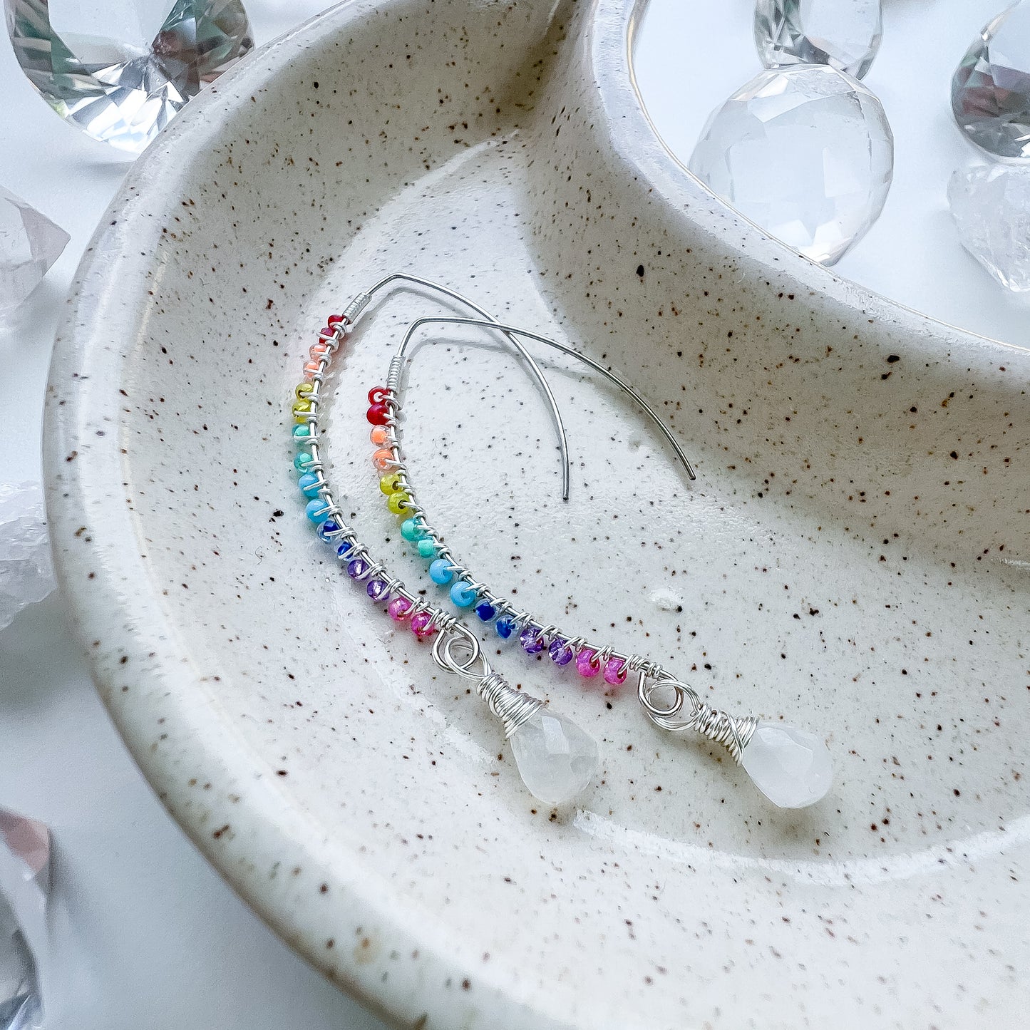 Rainbow moonstone chakra Goddess earrings gold
