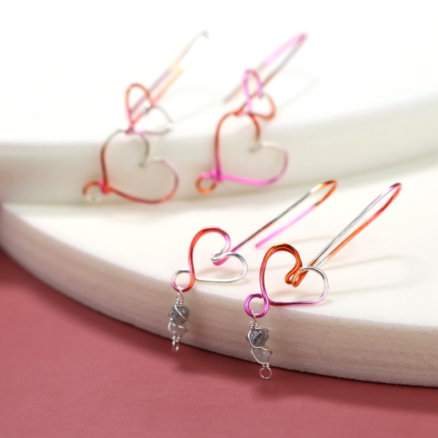 💗 Love Frequency Earrings – Pink Ombré Hearts with Raw Grey Diamonds 💗