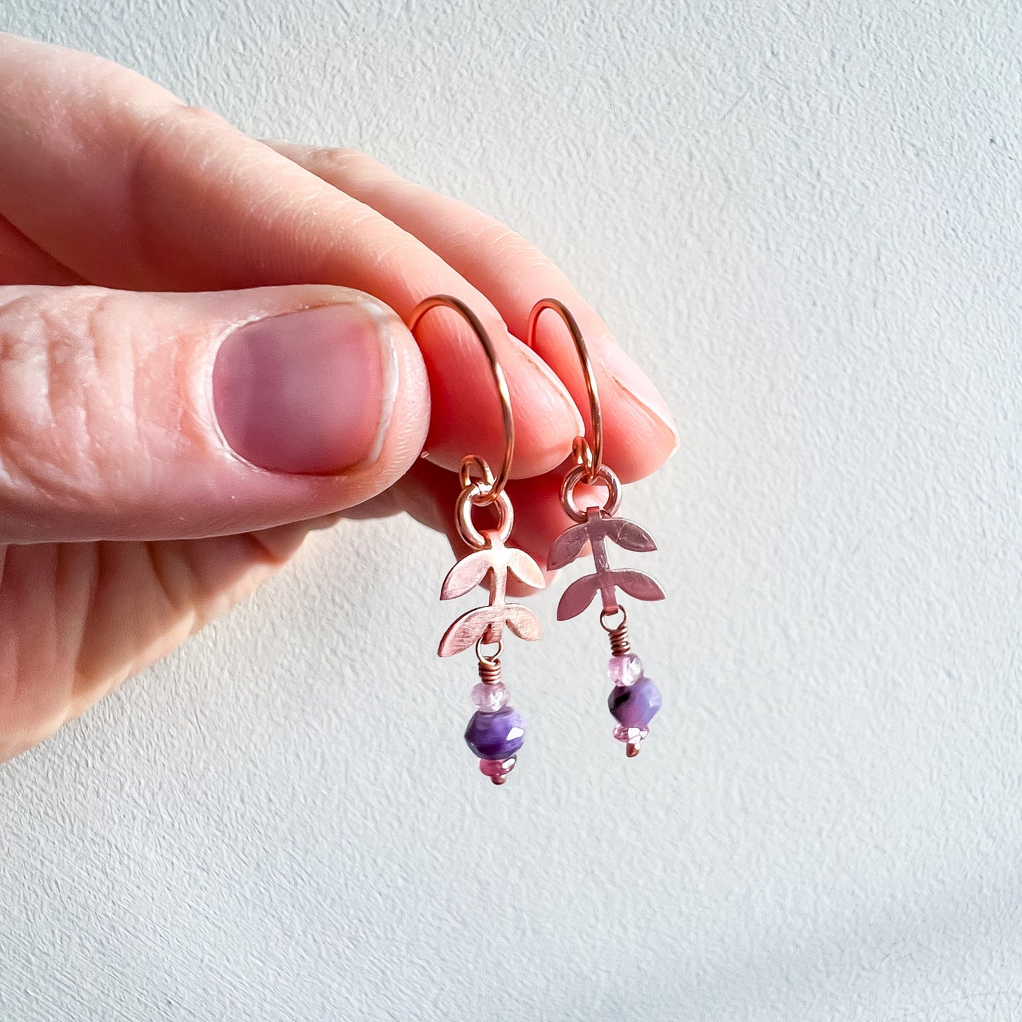 🌸 Root & Bloom Earrings – Copper, Charoite & Pink Spinel 🌸