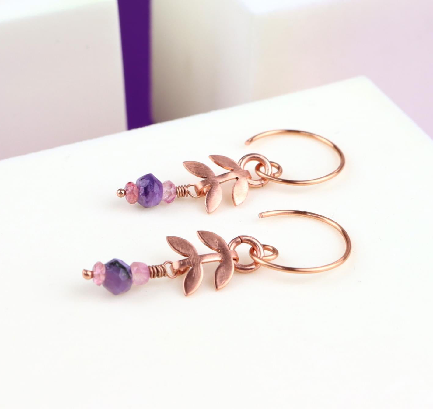 🌸 Root & Bloom Earrings – Copper, Charoite & Pink Spinel 🌸