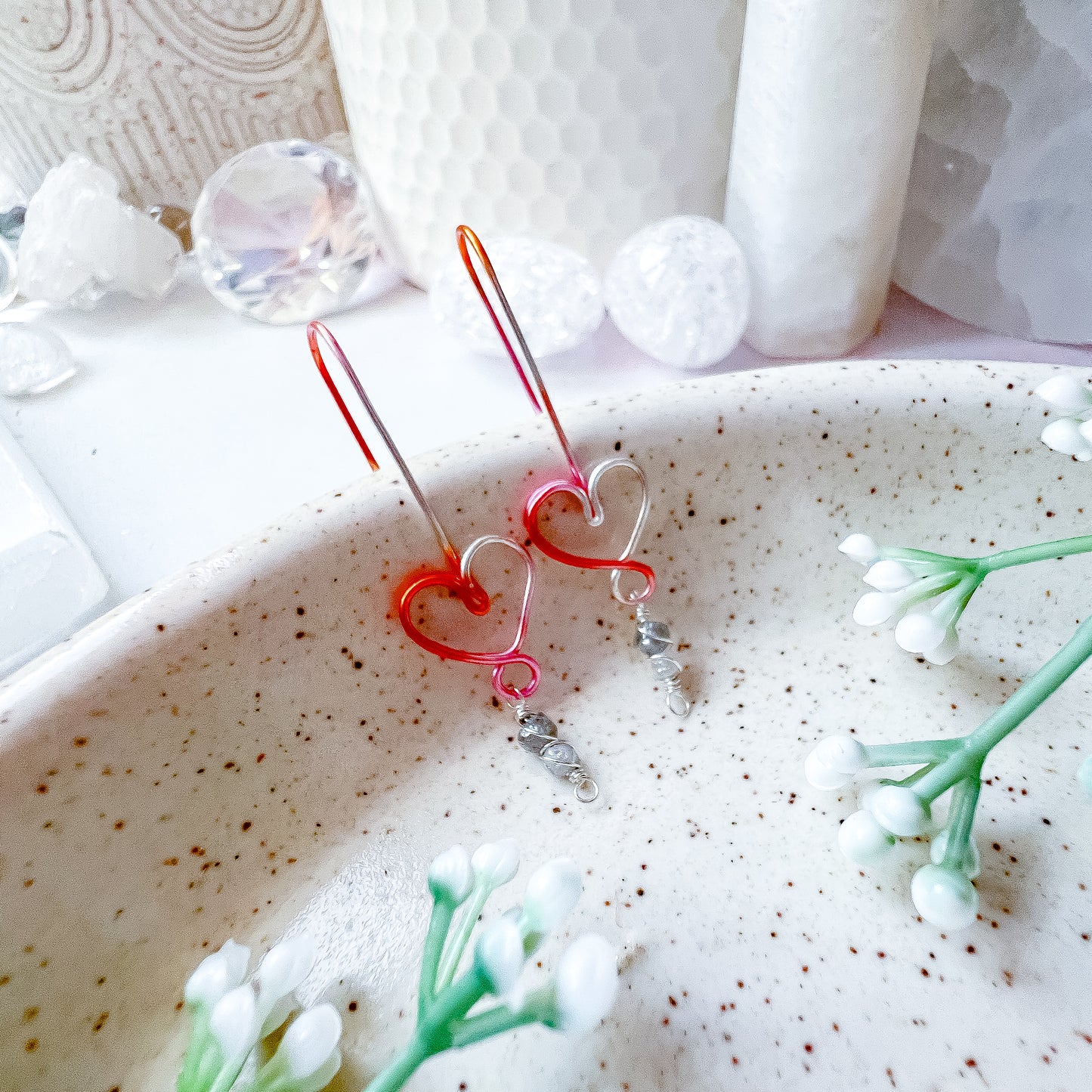 💗 Love Frequency Earrings – Pink Ombré Hearts with Raw Grey Diamonds 💗