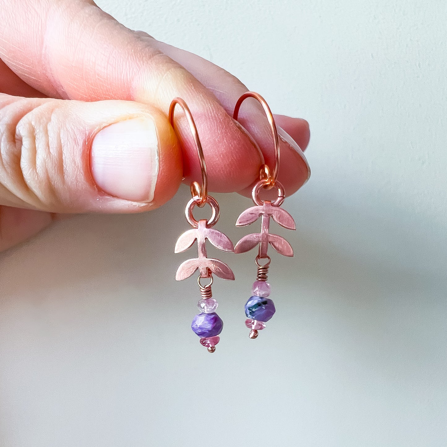 🌸 Root & Bloom Earrings – Copper, Charoite & Pink Spinel 🌸