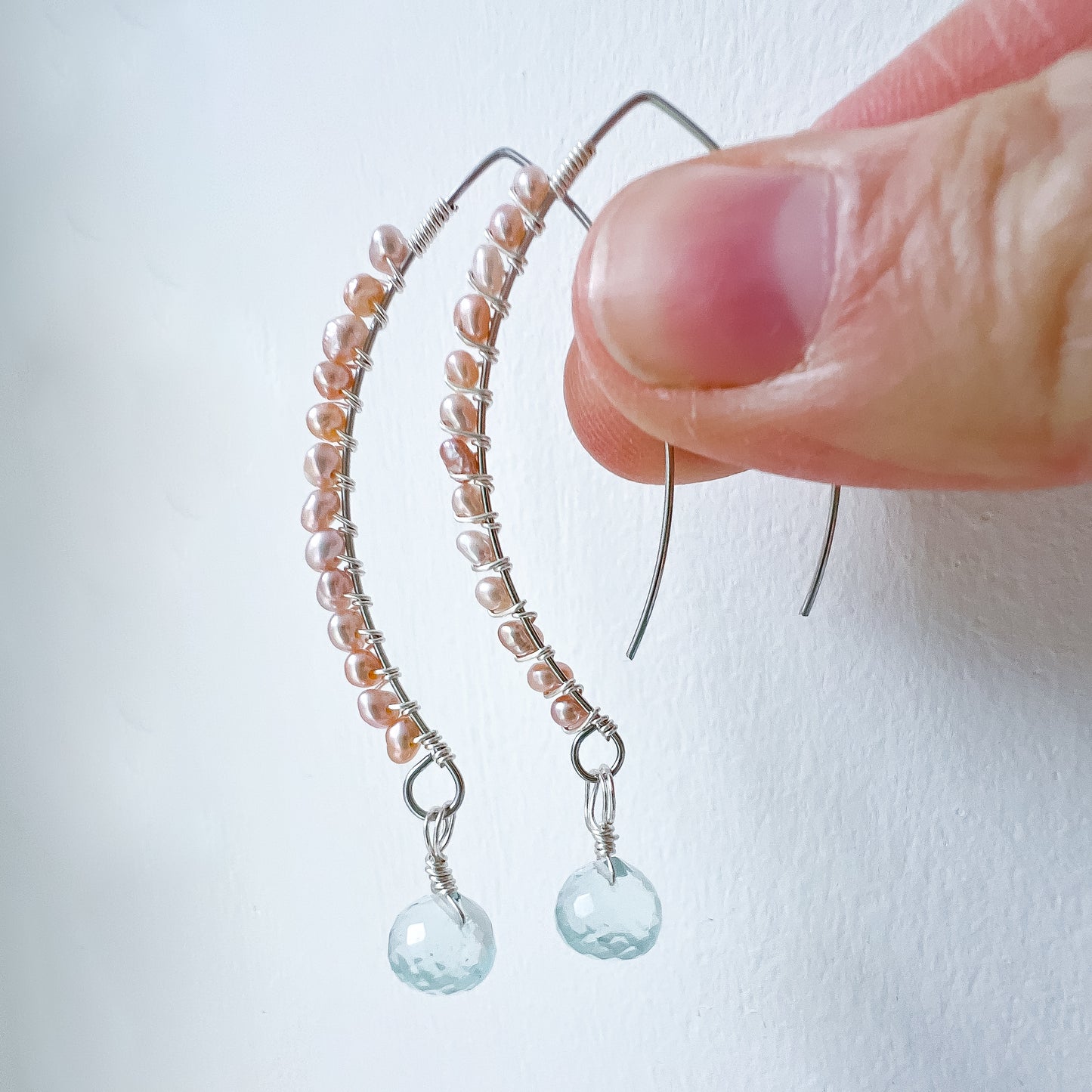 Aquamarine and pink pearl Goddess earrings gold