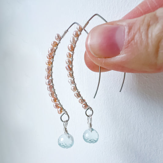 Aquamarine and pink pearl Goddess earrings gold