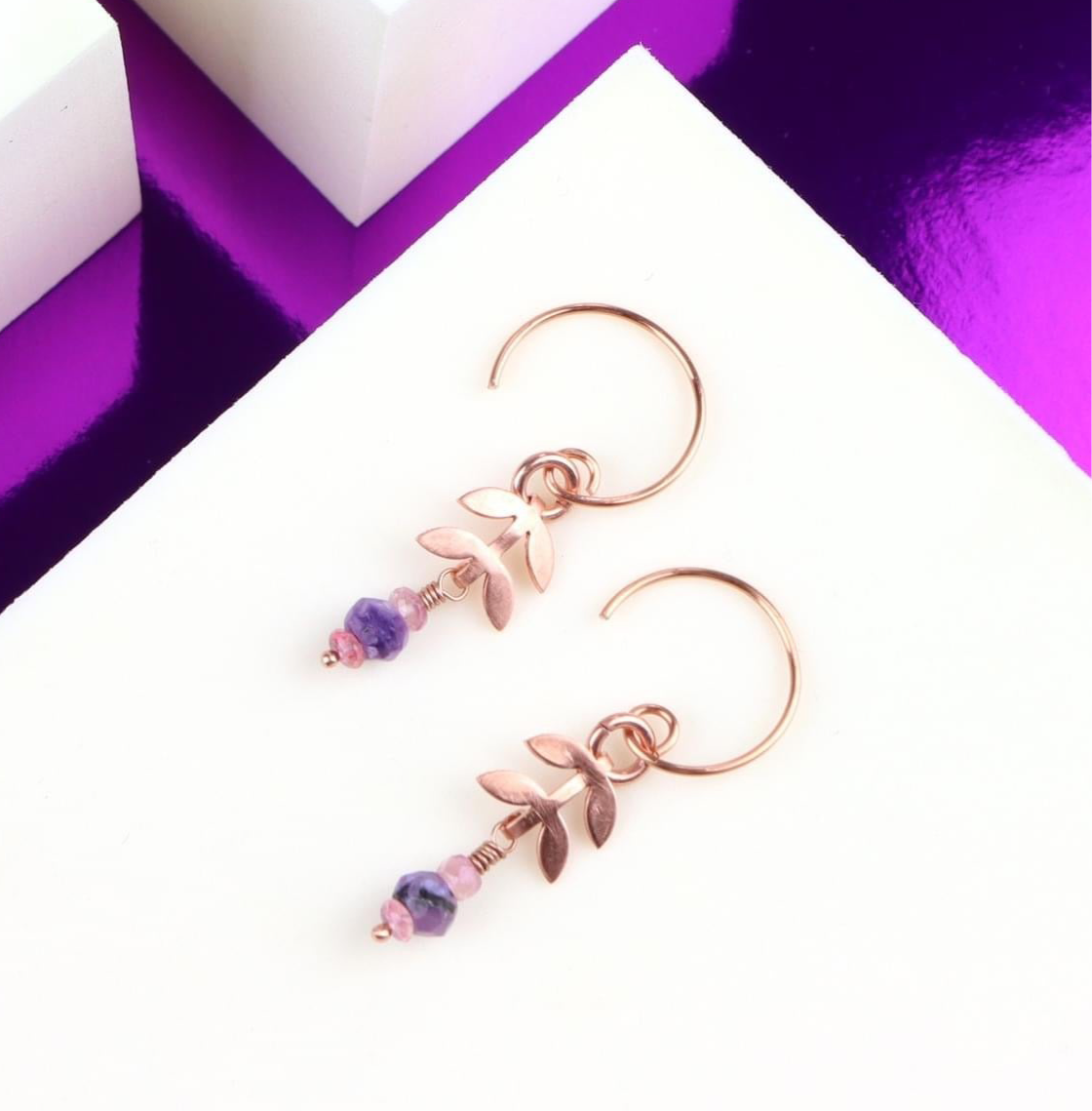 🌸 Root & Bloom Earrings – Copper, Charoite & Pink Spinel 🌸