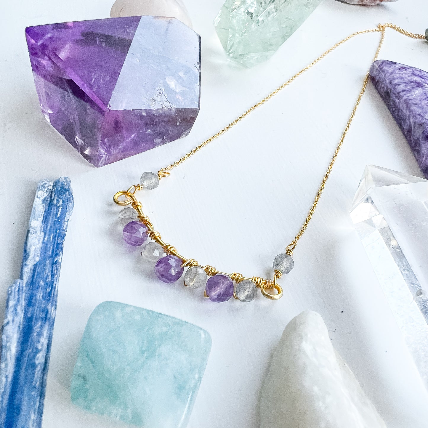 Kathryn M - Amethyst and Labradorite Gold Wave Necklace