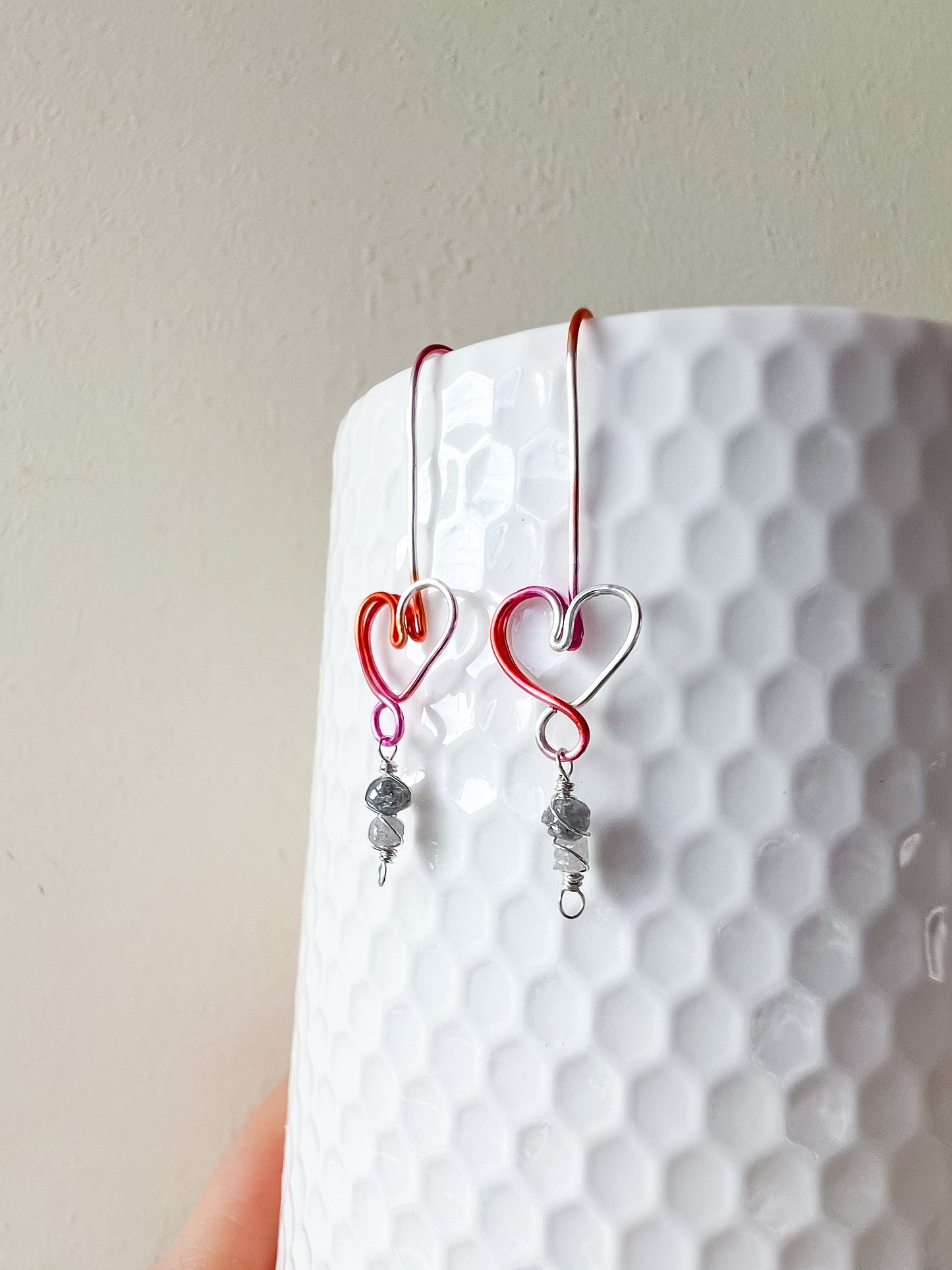 💗 Love Frequency Earrings – Pink Ombré Hearts with Raw Grey Diamonds 💗