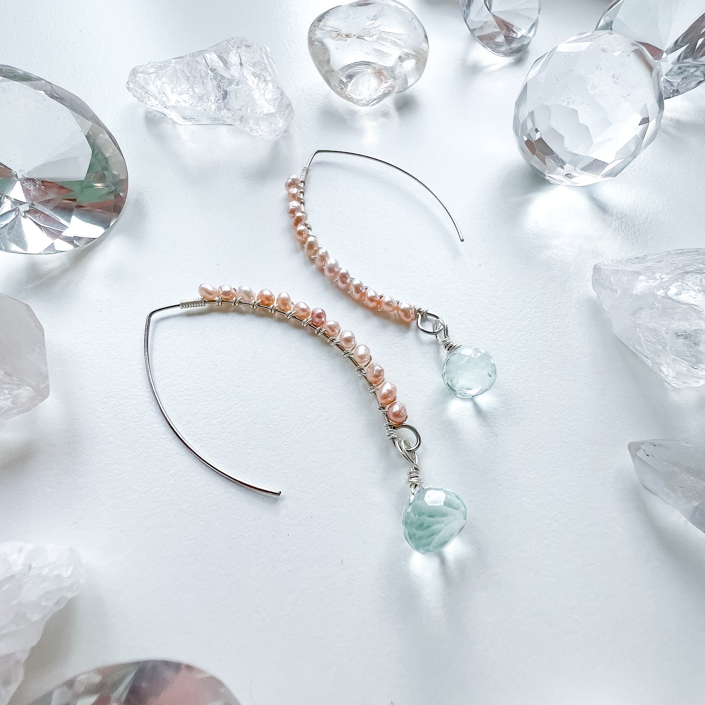 Aquamarine and pink pearl Goddess earrings gold