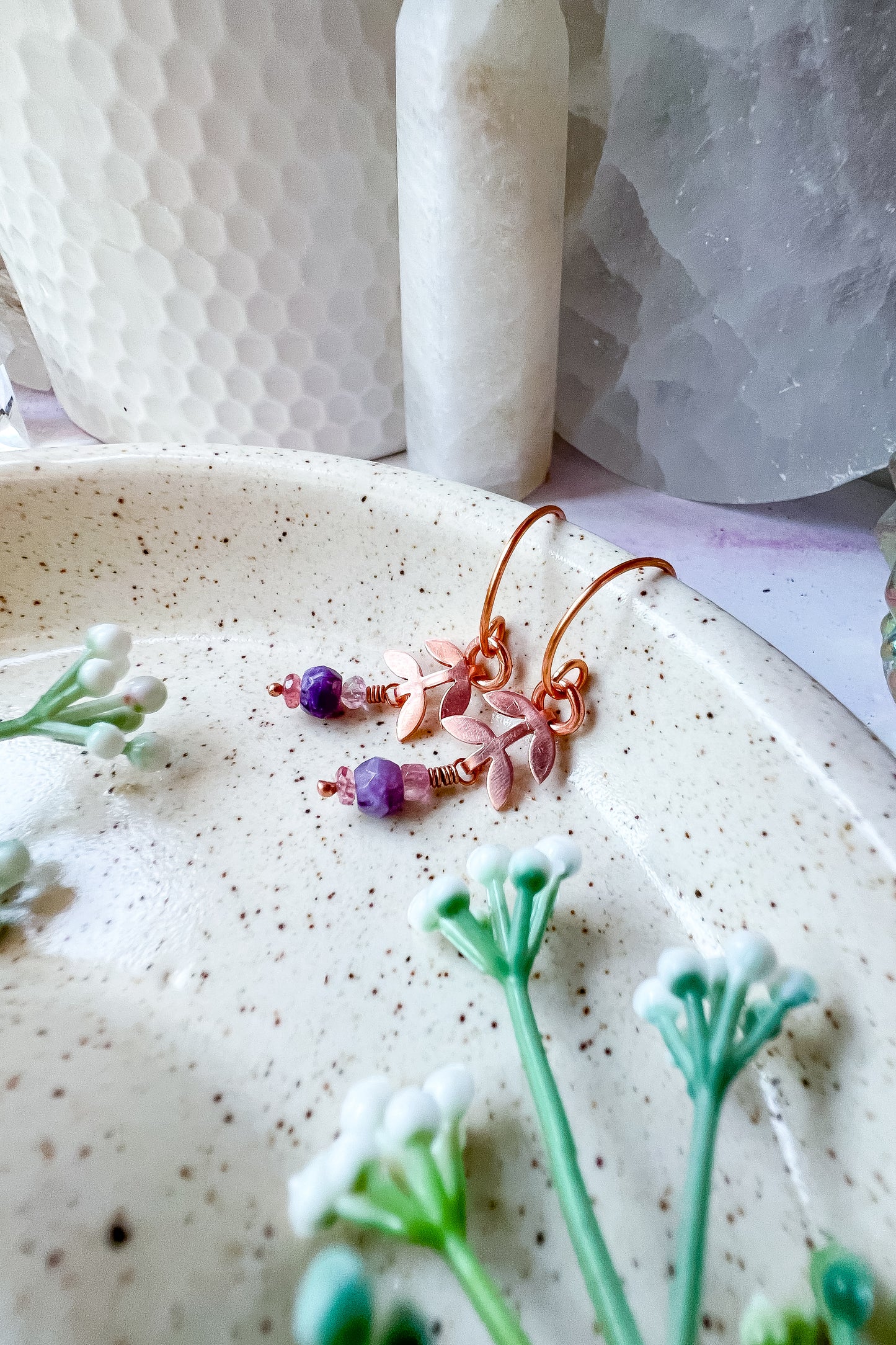 🌸 Root & Bloom Earrings – Copper, Charoite & Pink Spinel 🌸