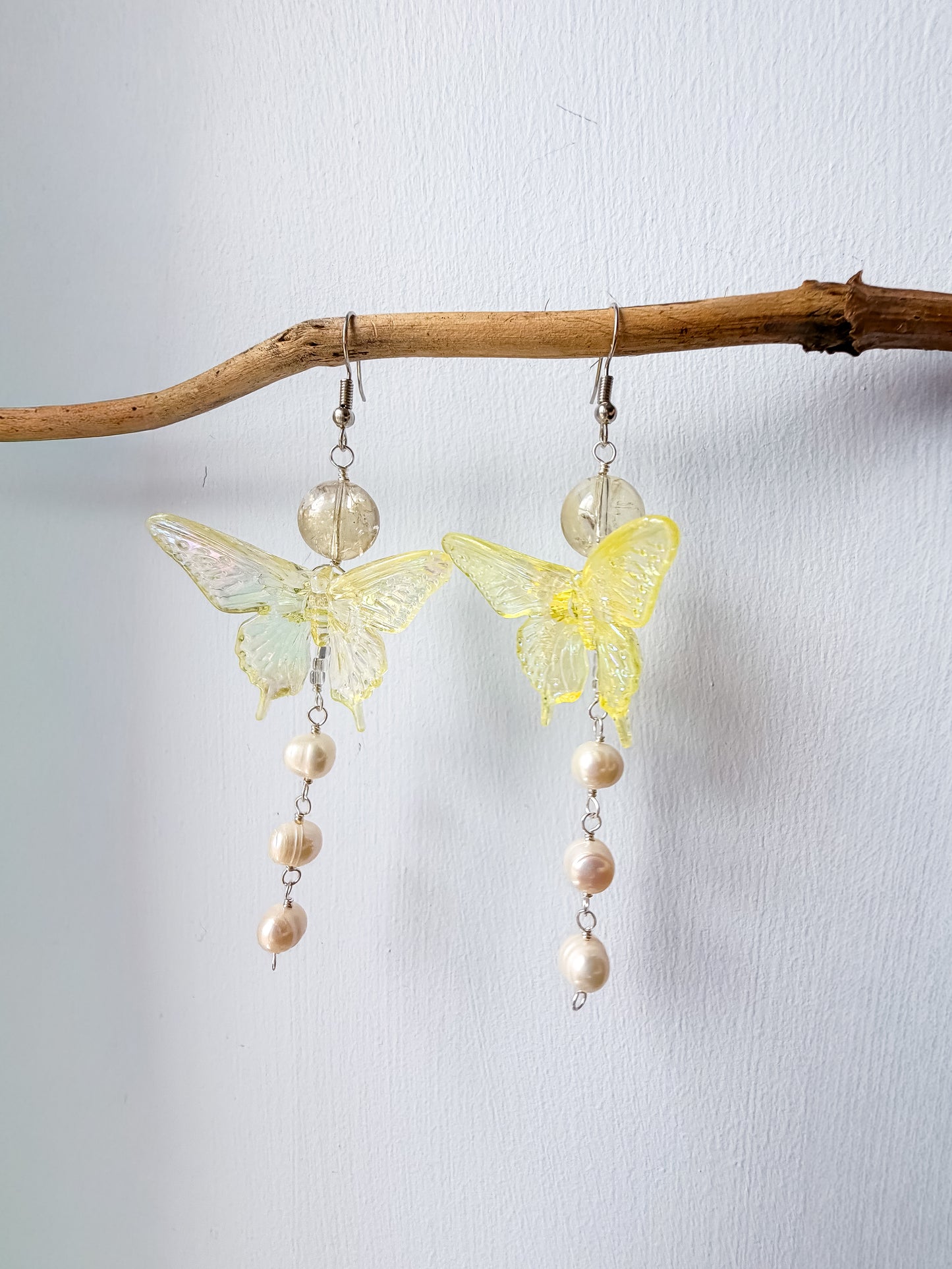 Yellow butterfly + citrine + pearl drop chain earrings