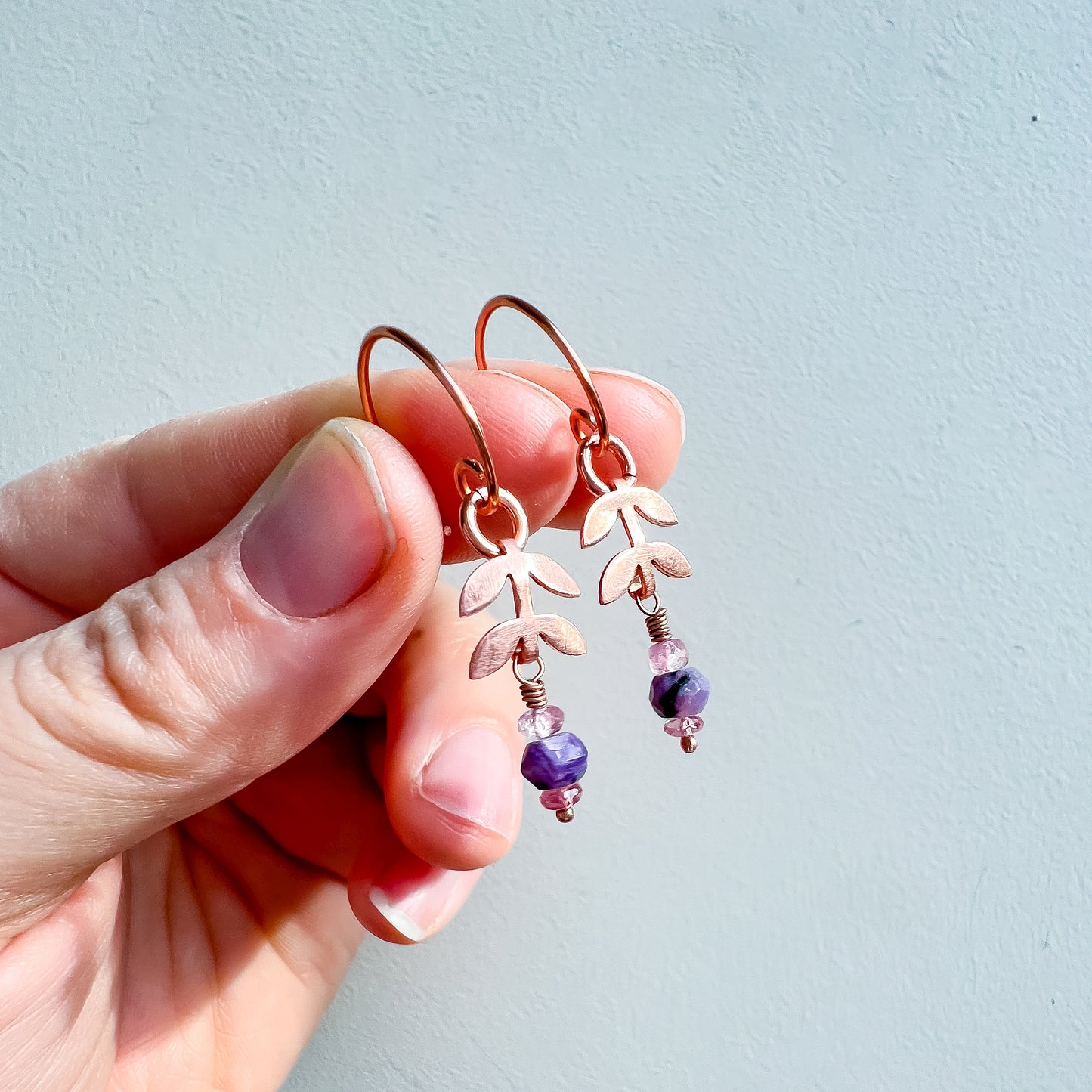 🌸 Root & Bloom Earrings – Copper, Charoite & Pink Spinel 🌸