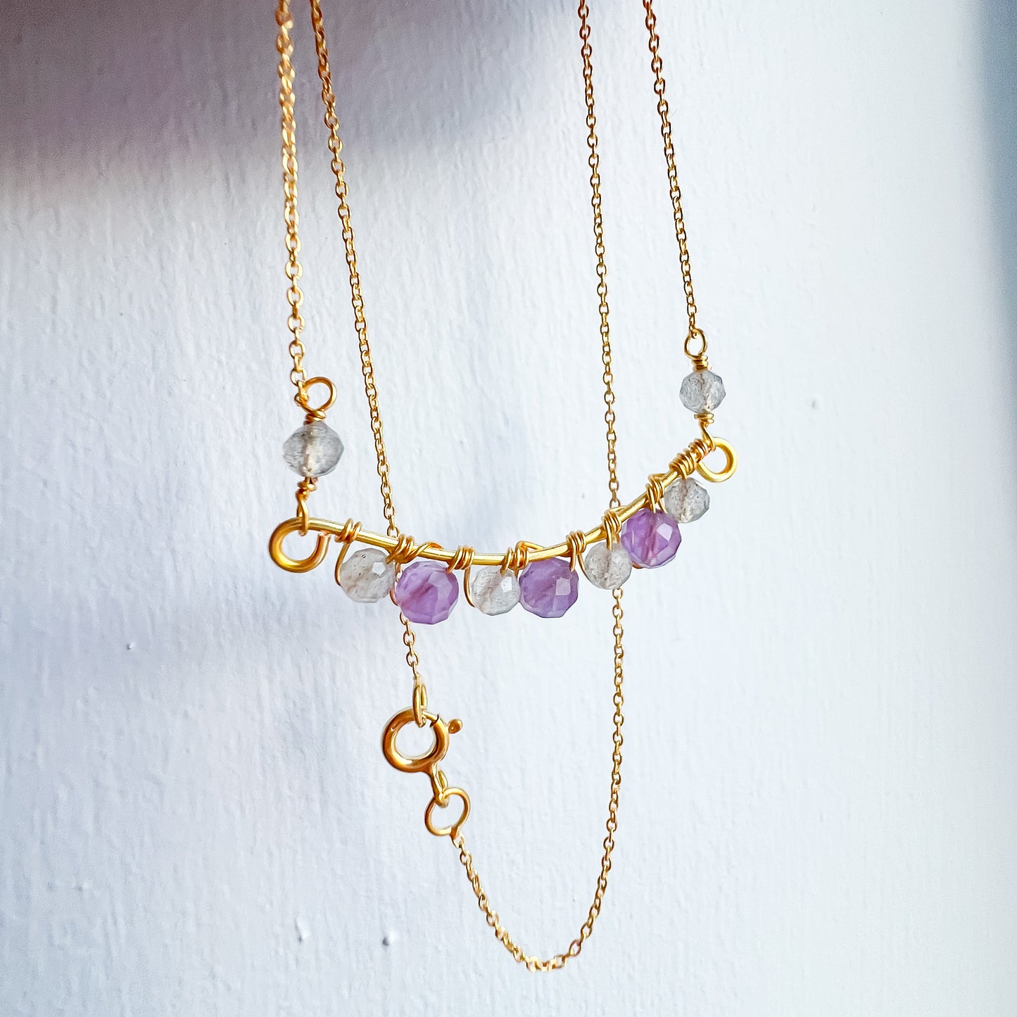 Kathryn M - Amethyst and Labradorite Gold Wave Necklace