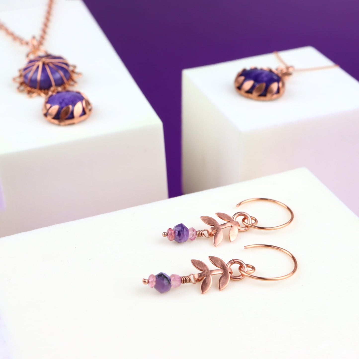 💜🌸 Charoite & Pink Spinel Leaf Drop Earrings💜🌸 Jewellery MakerTV Piece 🩷💚
