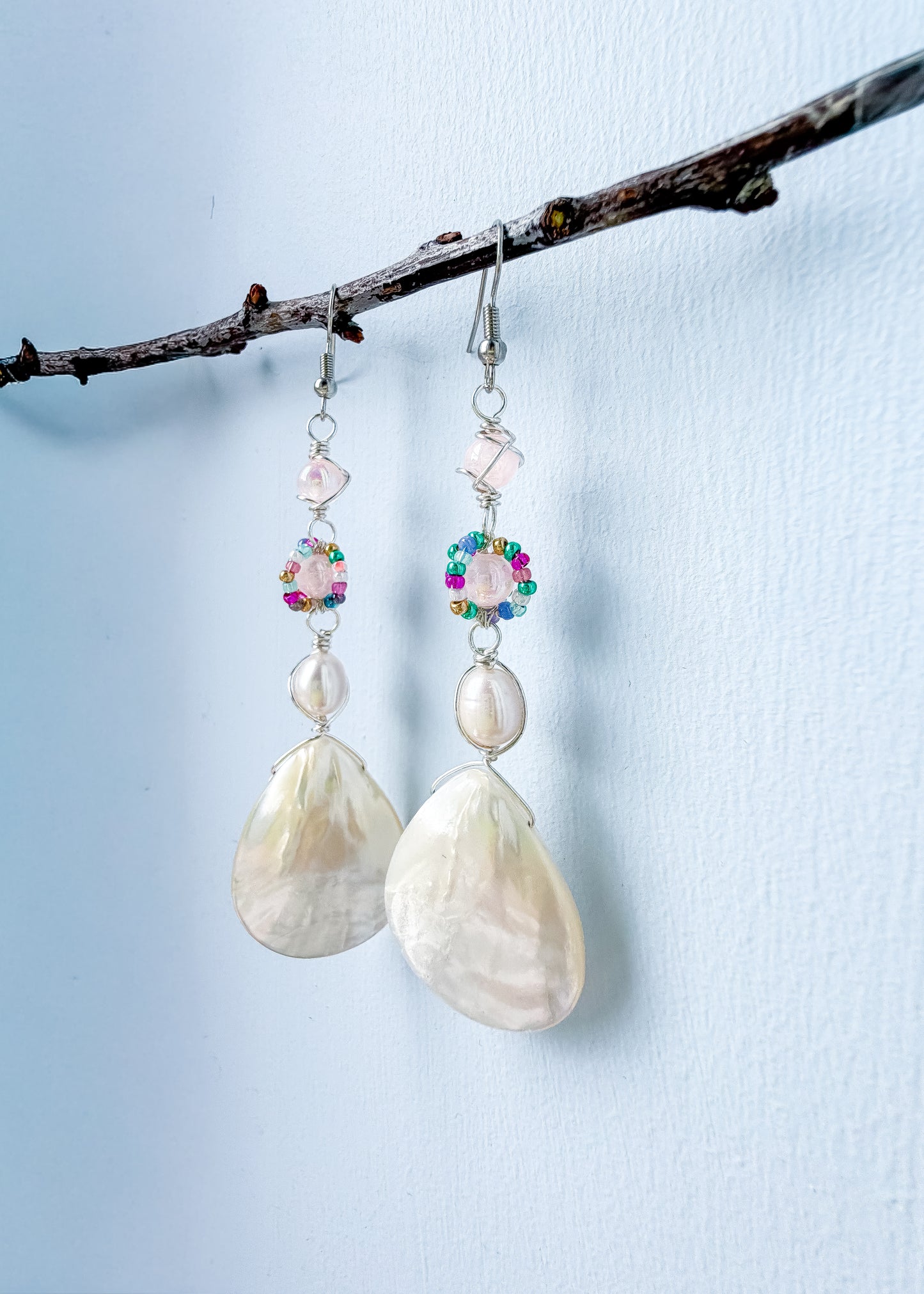 🌊🧜♀️✨ Mermaid’s Treasure Earrings ✨🧜♀️🌊 Mother of Pearl Shell Earrings | Long Handmade Dangle Earrings | Pearl & Selenite Earrings