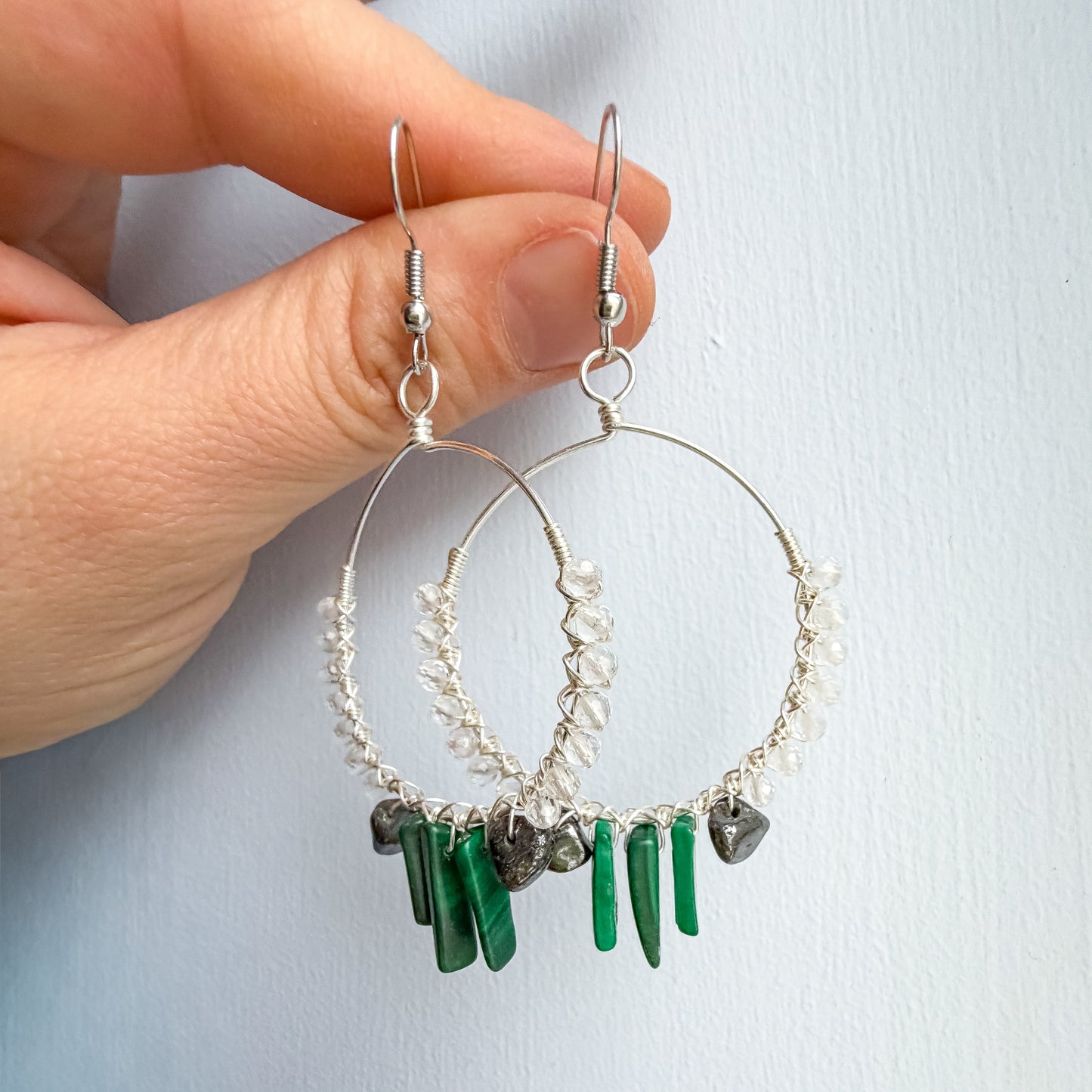 š¦ Stable Orbit Earrings - Micro-faceted Clear Quartz, Hematite & Malachite ā Large Hoop Earrings