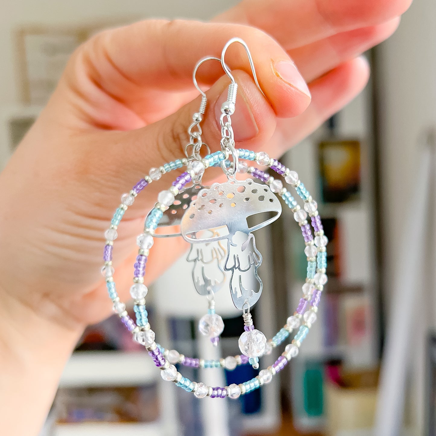 Silver mushroom, clear quartz, blue and purple statement hoop earrings