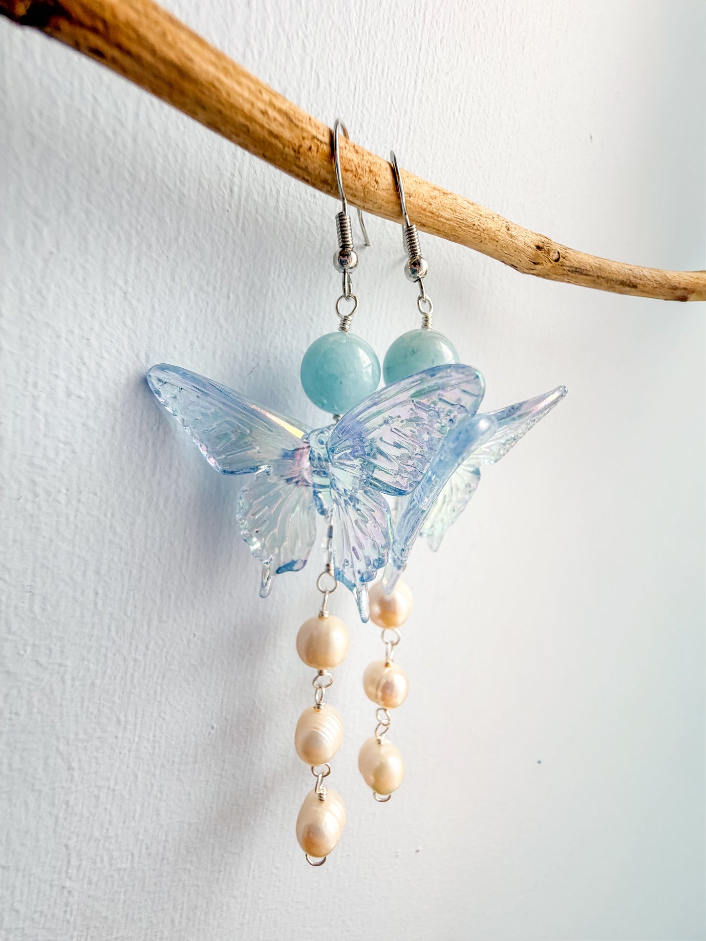 Blue butterfly + aquamarine + pearl drop chain earrings
