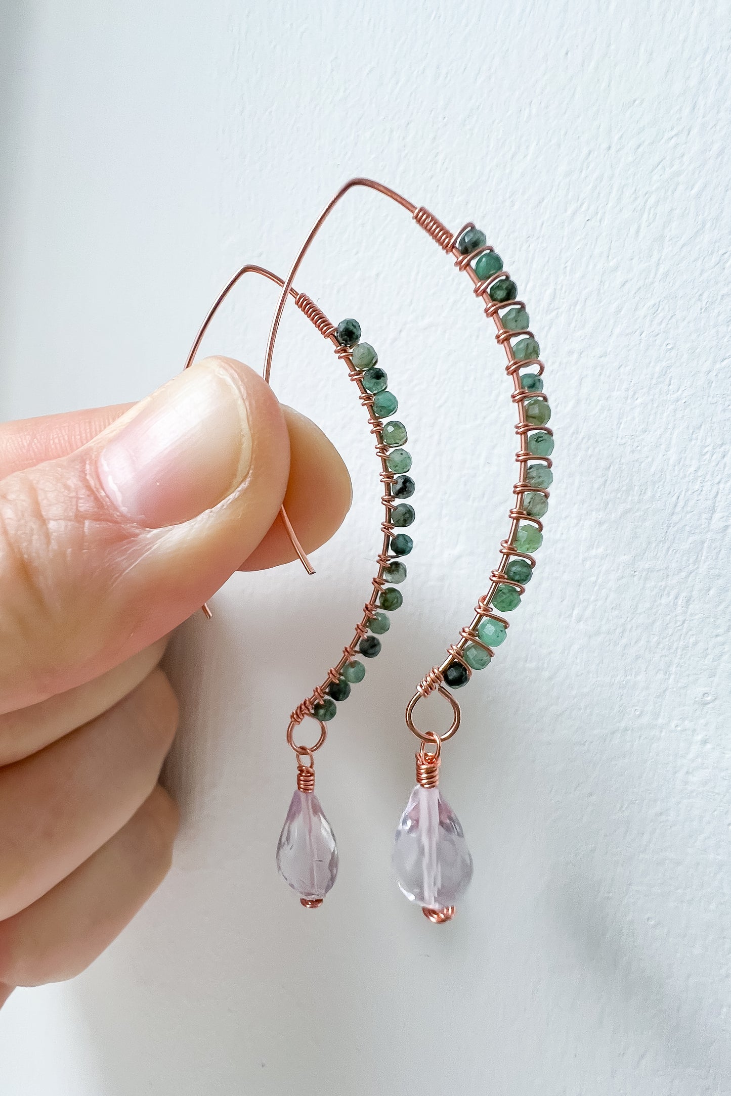 Emerald and pink amethyst Goddess earrings rose gold