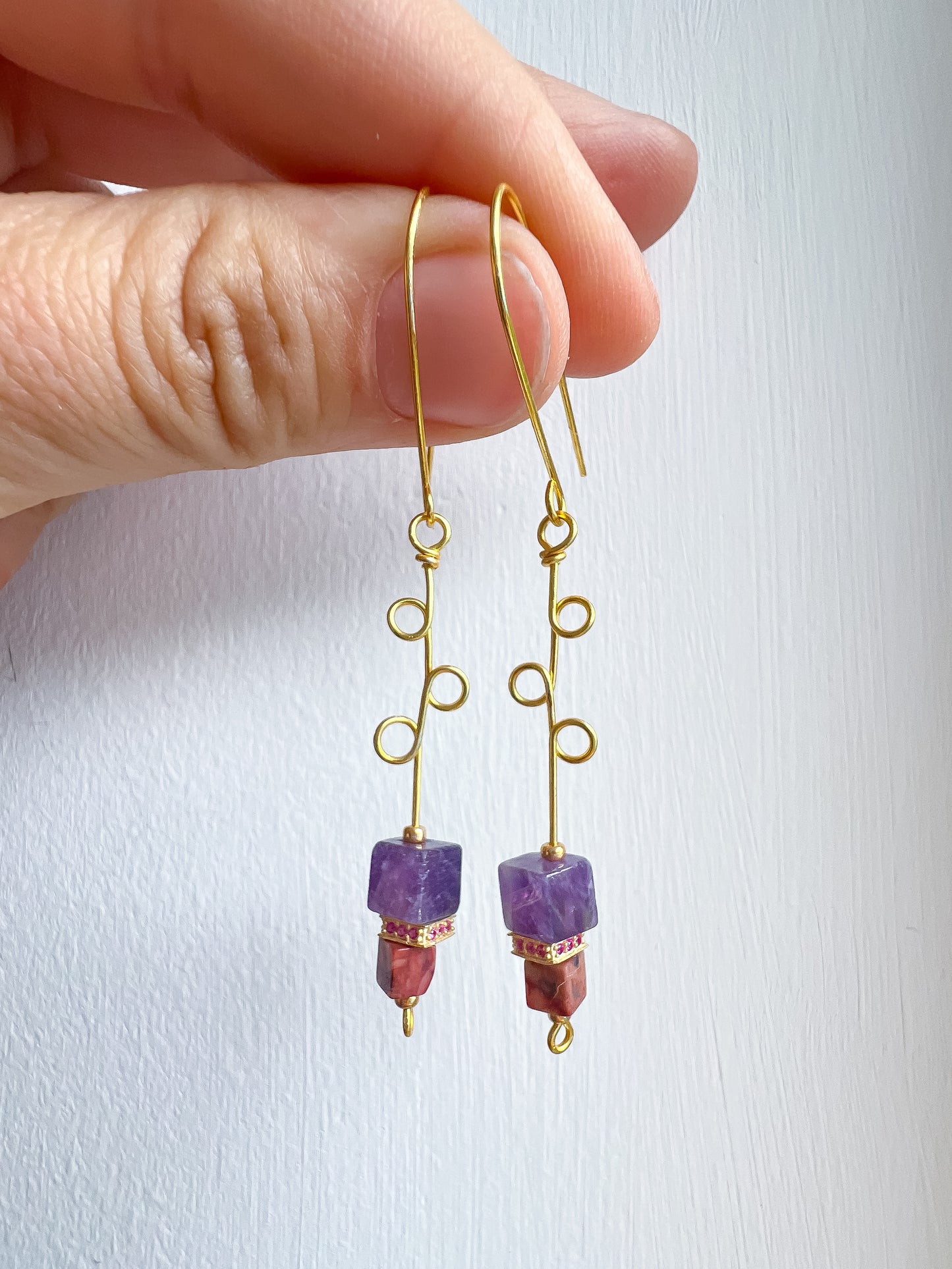 🔮 Celestial Cascade Earrings — Amethyst, Crazy Lace Agate & Gold Spiral Magic