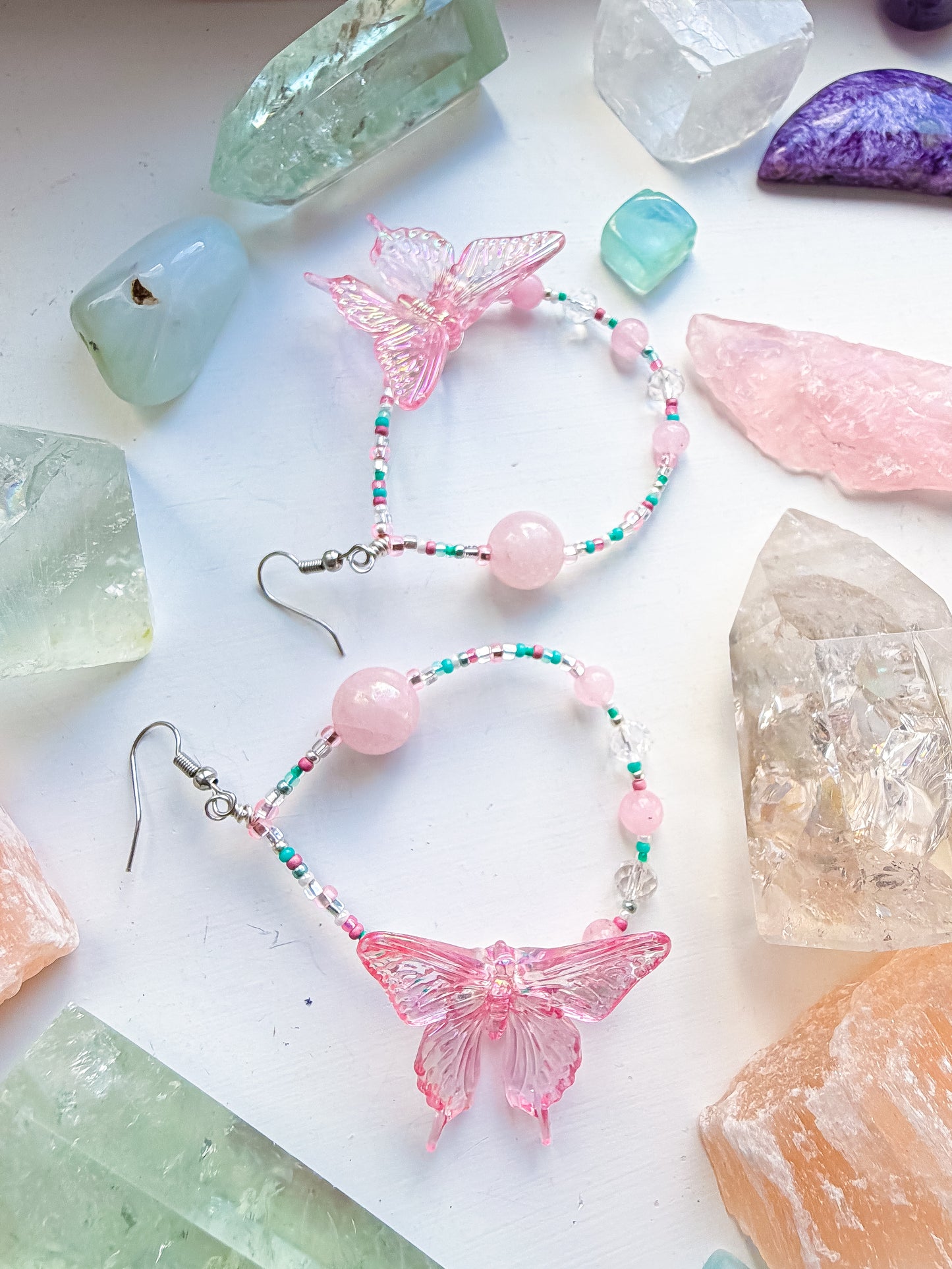 Soft Power - Pink butterfly + rose quartz & clear quartz earrings