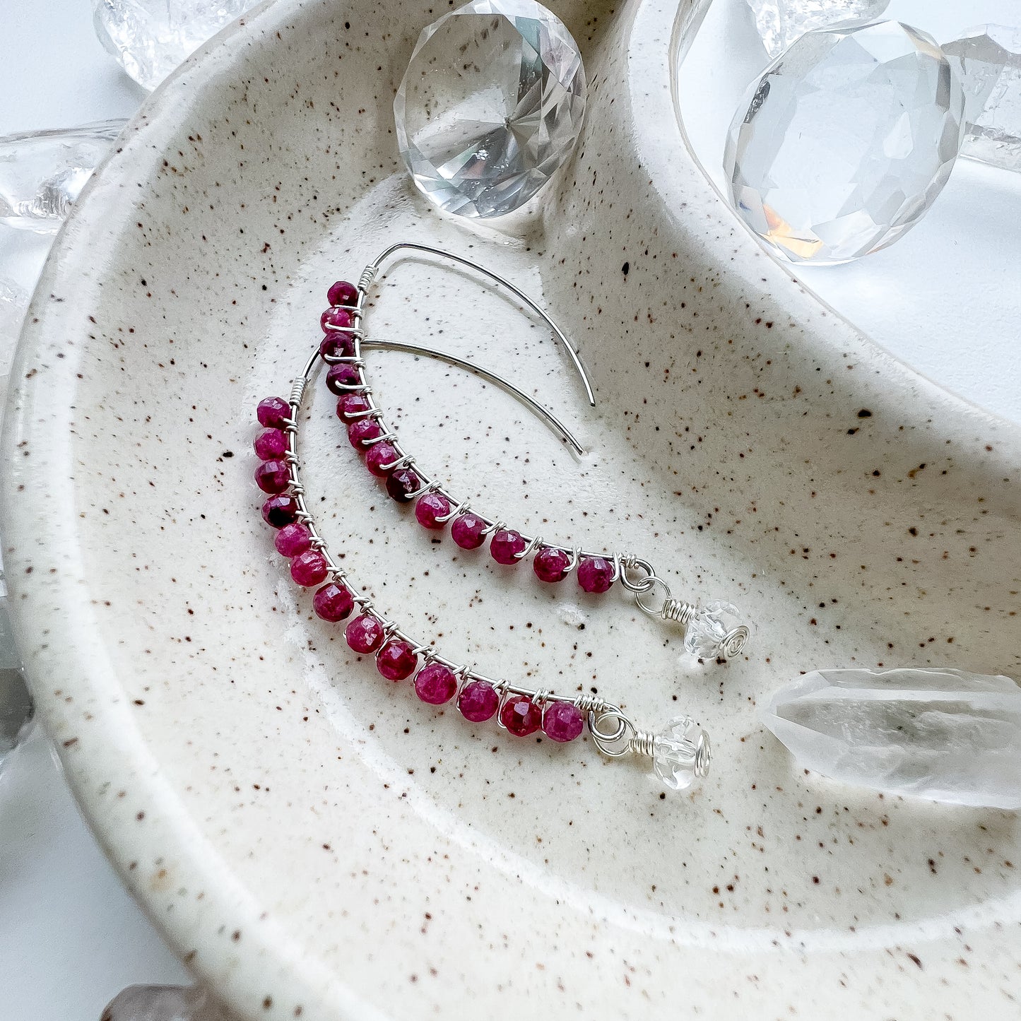 Ruby and clear quartz Goddess earrings silver