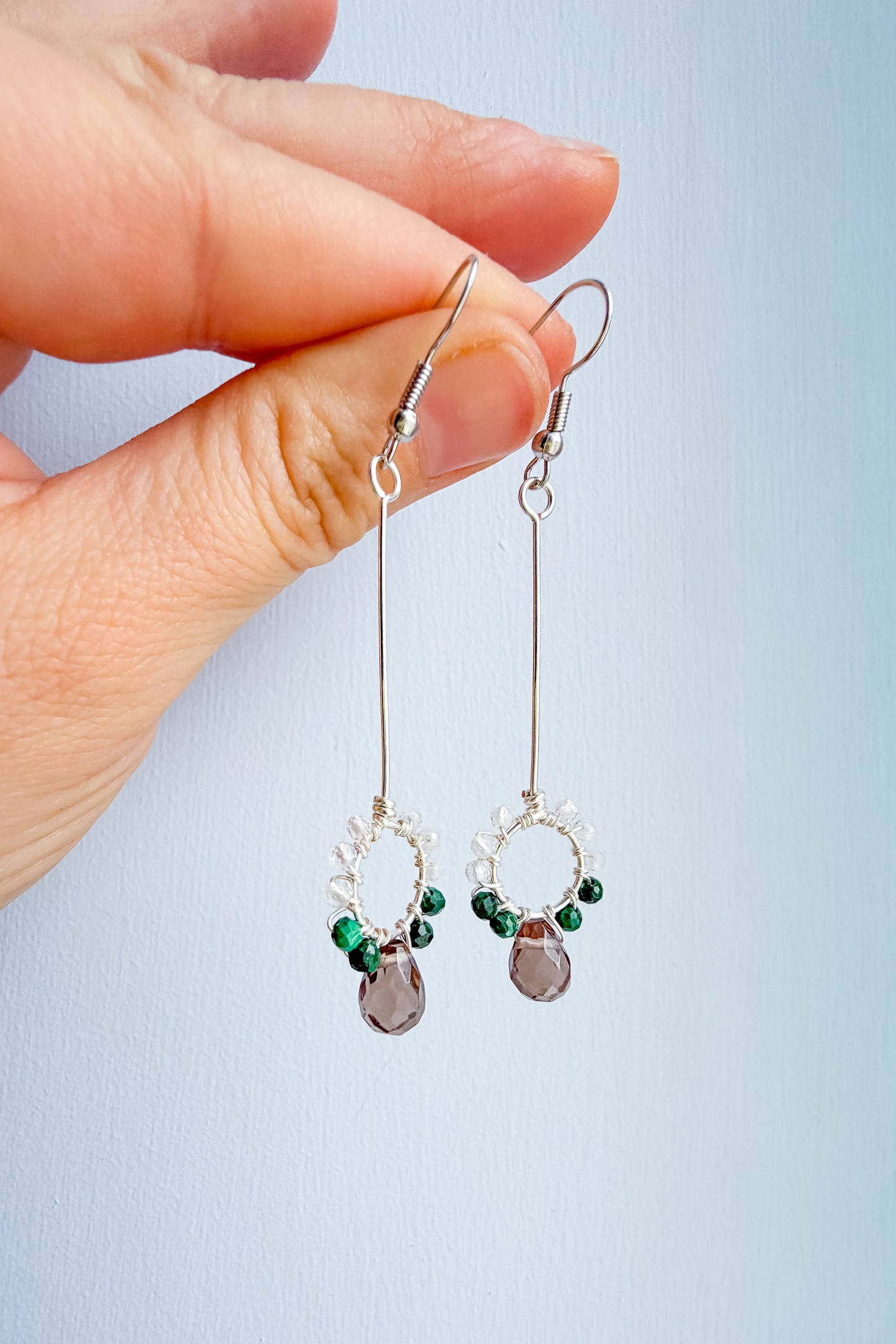 🌲 Return to Centre Long Drop Hoop Earrings – Clear Quartz, Malachite and Smoky Quartz