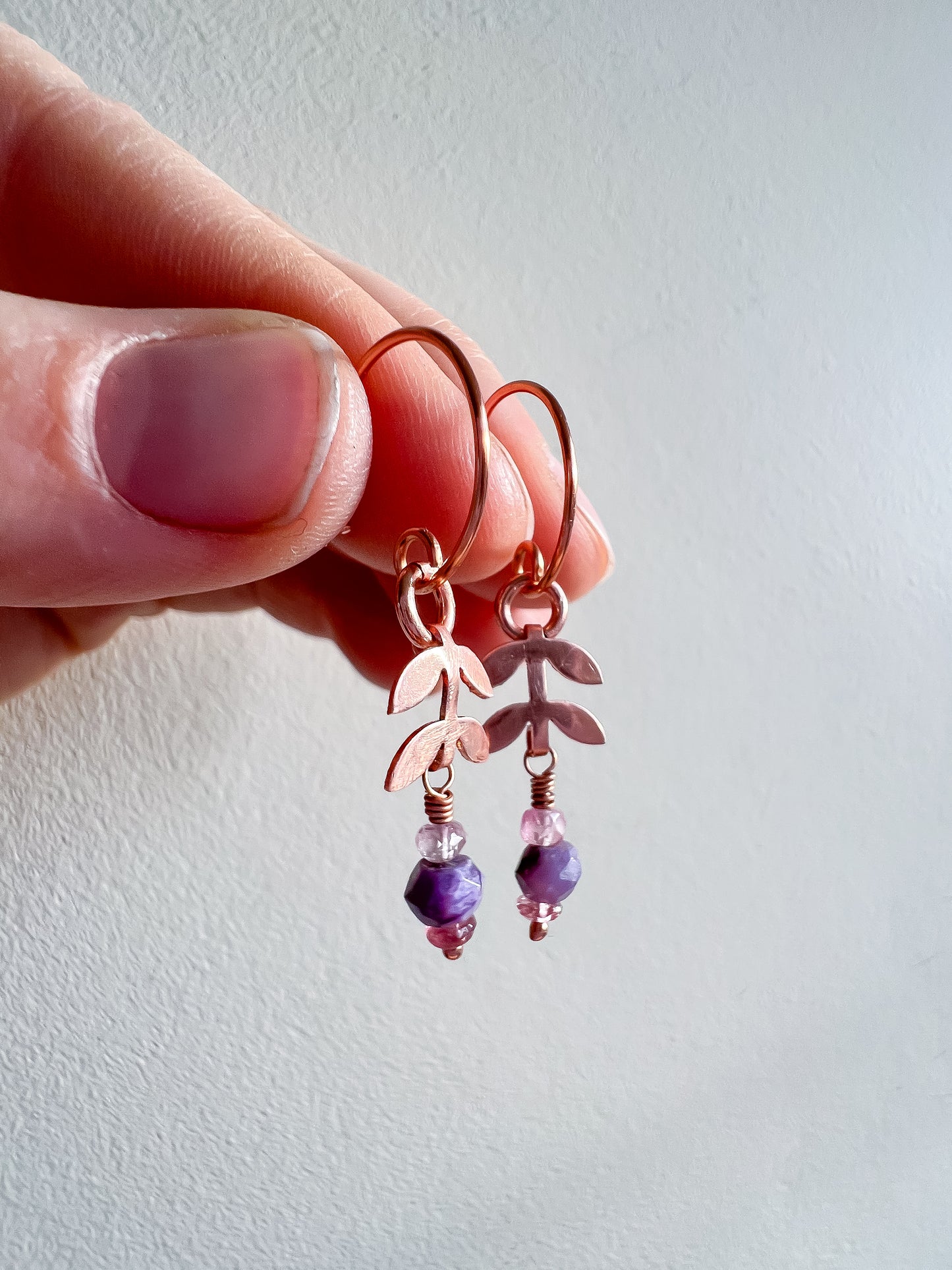 🌸 Root & Bloom Earrings – Copper, Charoite & Pink Spinel 🌸