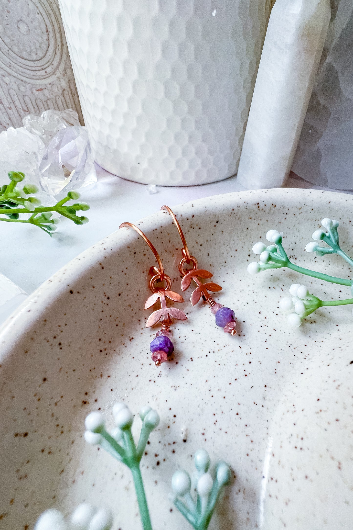 🌸 Root & Bloom Earrings – Copper, Charoite & Pink Spinel 🌸
