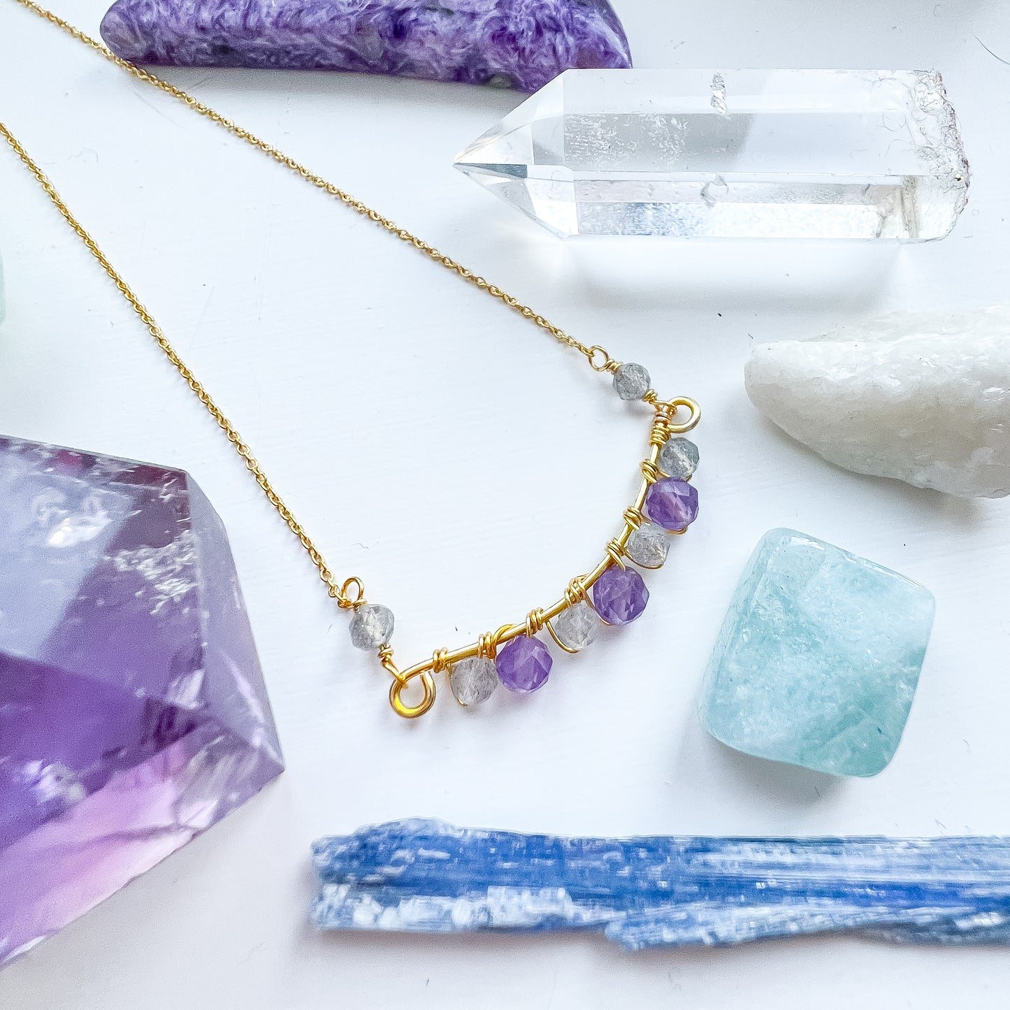 Kathryn M - Amethyst and Labradorite Gold Wave Necklace