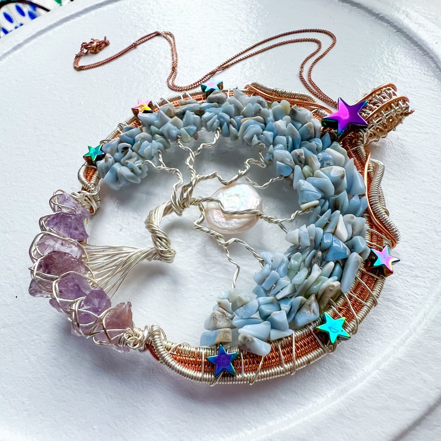 🌳✨💎 Enchanted Forest Collection 💎✨🌳 Blue Opal and Pink Amethyst Tree of Life Pendant