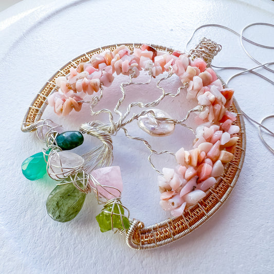 Enchanted Forest Collection 💎✨🌳 Pink Opal Heart Chakra Tree of Life Pendant