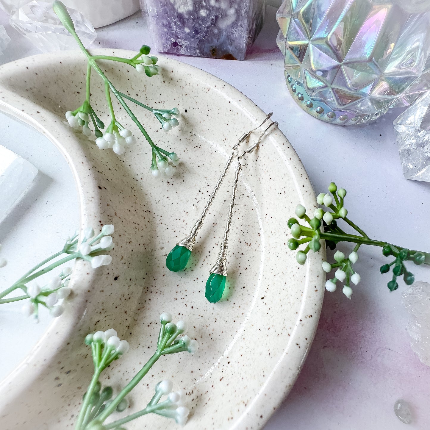 Green Onyx elegant drop earrings - silver