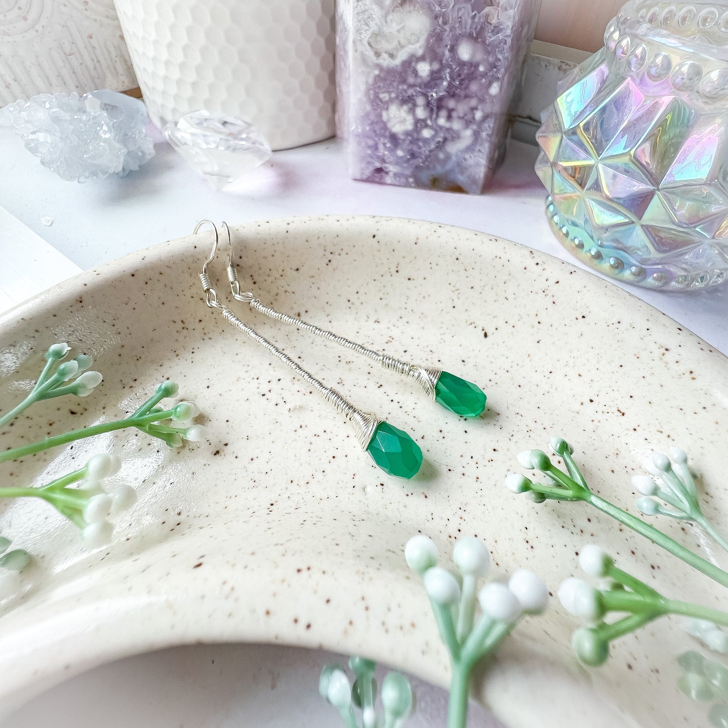 Green Onyx elegant drop earrings - silver
