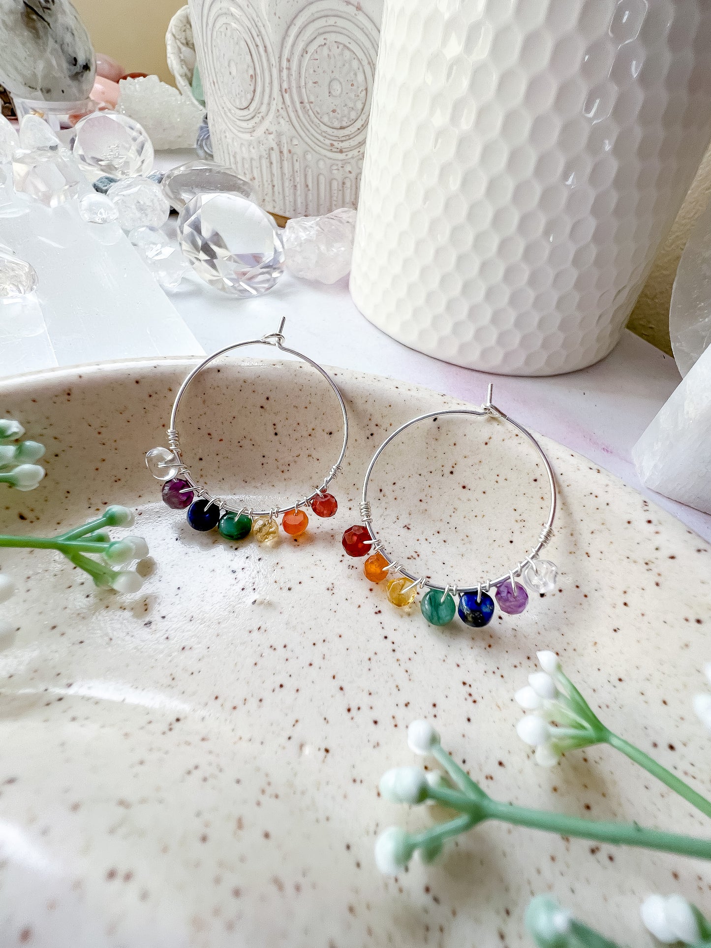 Chakra crystal hoop earrings in Silver