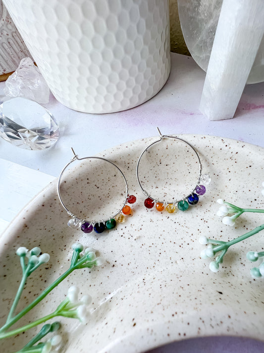 Chakra crystal hoop earrings in Silver