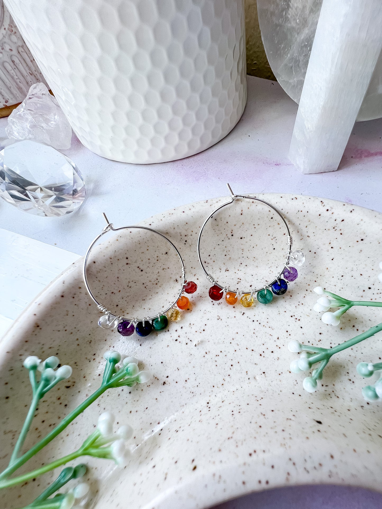 Chakra crystal hoop earrings in Silver