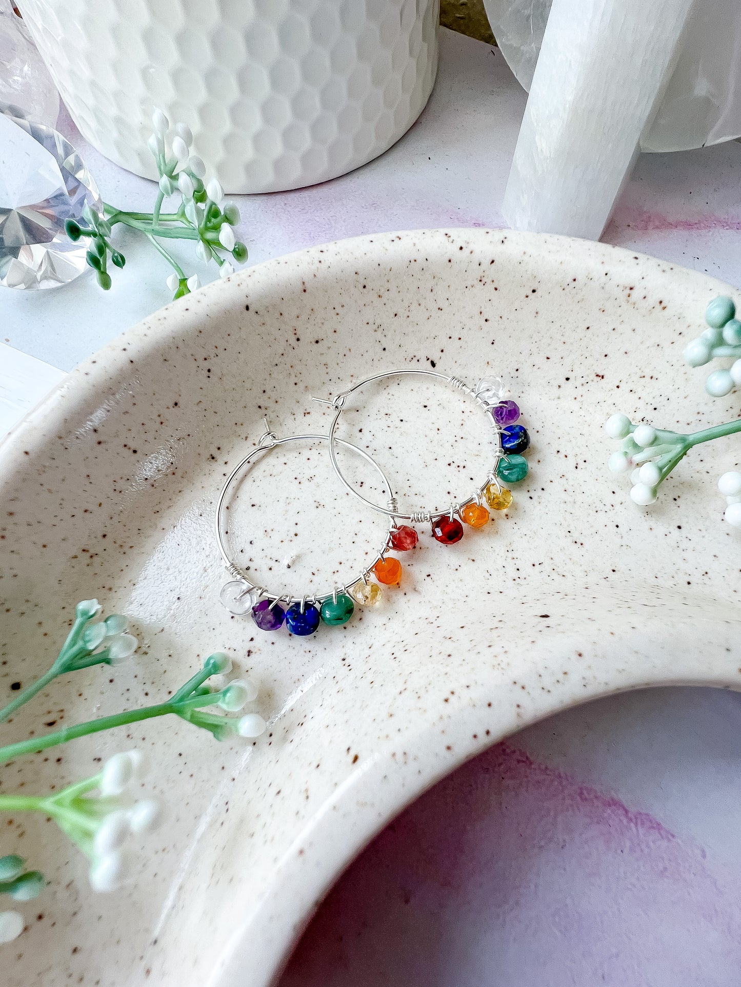 Chakra crystal hoop earrings in Silver
