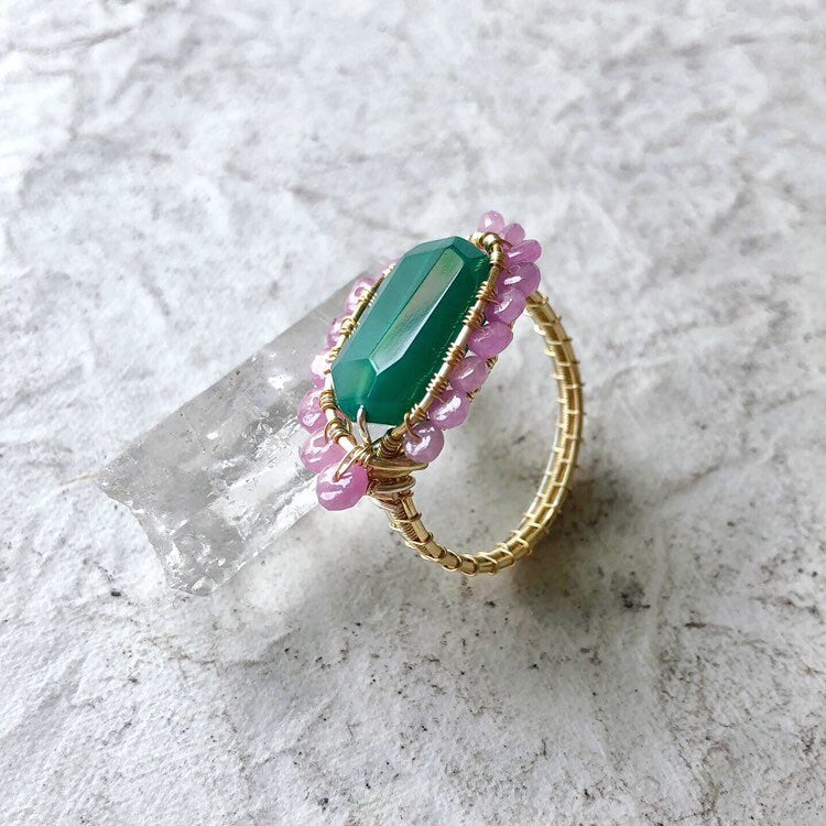 Pink sapphire and green onyx ring