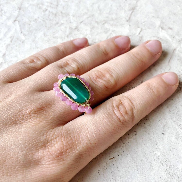 Pink sapphire and green onyx ring