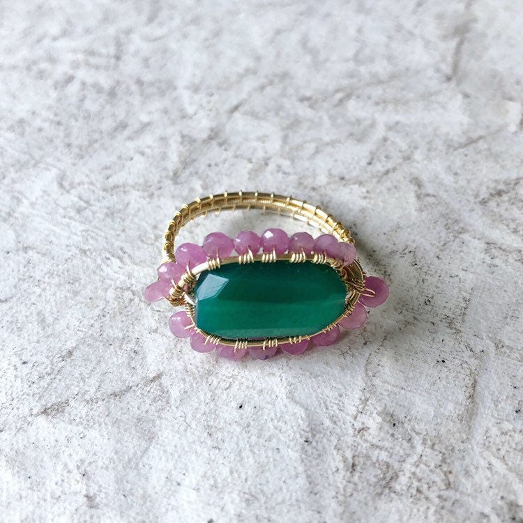 Pink sapphire and green onyx ring