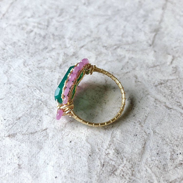 Pink sapphire and green onyx ring