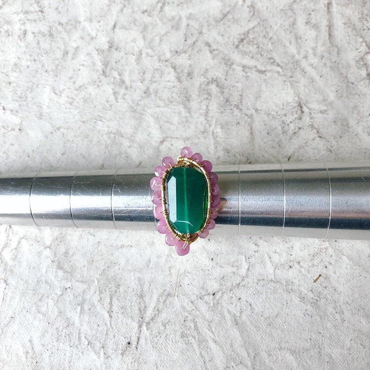 Pink sapphire and green onyx ring