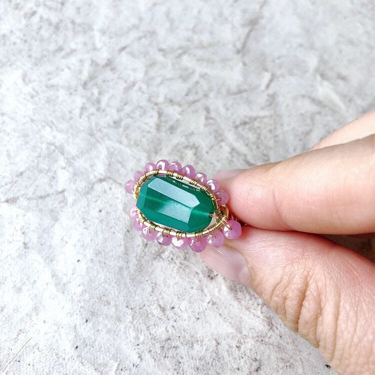 Pink sapphire and green onyx ring