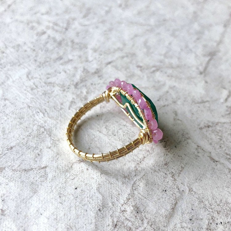 Pink sapphire and green onyx ring