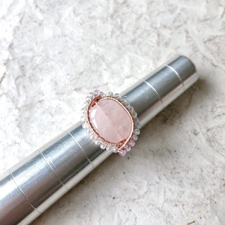 Pink morganite and rainbow fluorite ring